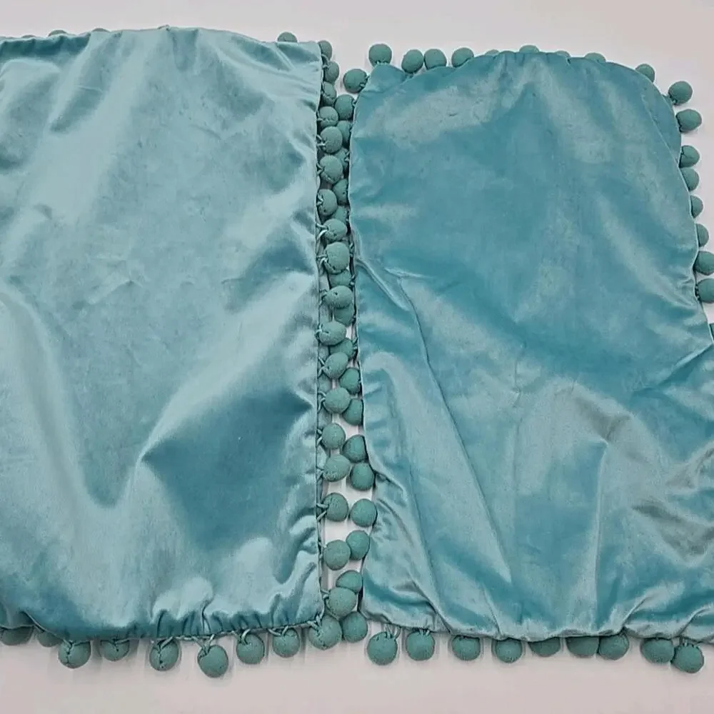 2 Velvet Throw Pillow Covers Mint Green‎ Pompom 70's Pillowcases 12x20